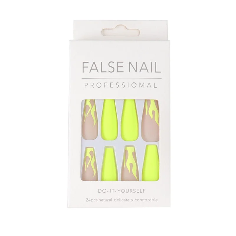 24pcs Press On Nails False Nails with Yellow Fire Pattern Long Coffin Shaped Fake Nails Removable Ballerina Nail DIY Art Tips