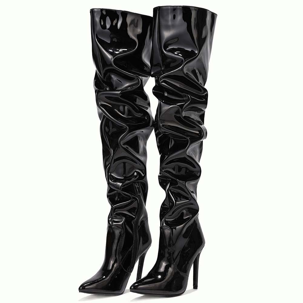 DoraTasia 2021 New Shoes Mature Black Women Over The Knee Boots Pleated Pu Patent Leather Thin High Heels Female Thigh Boots