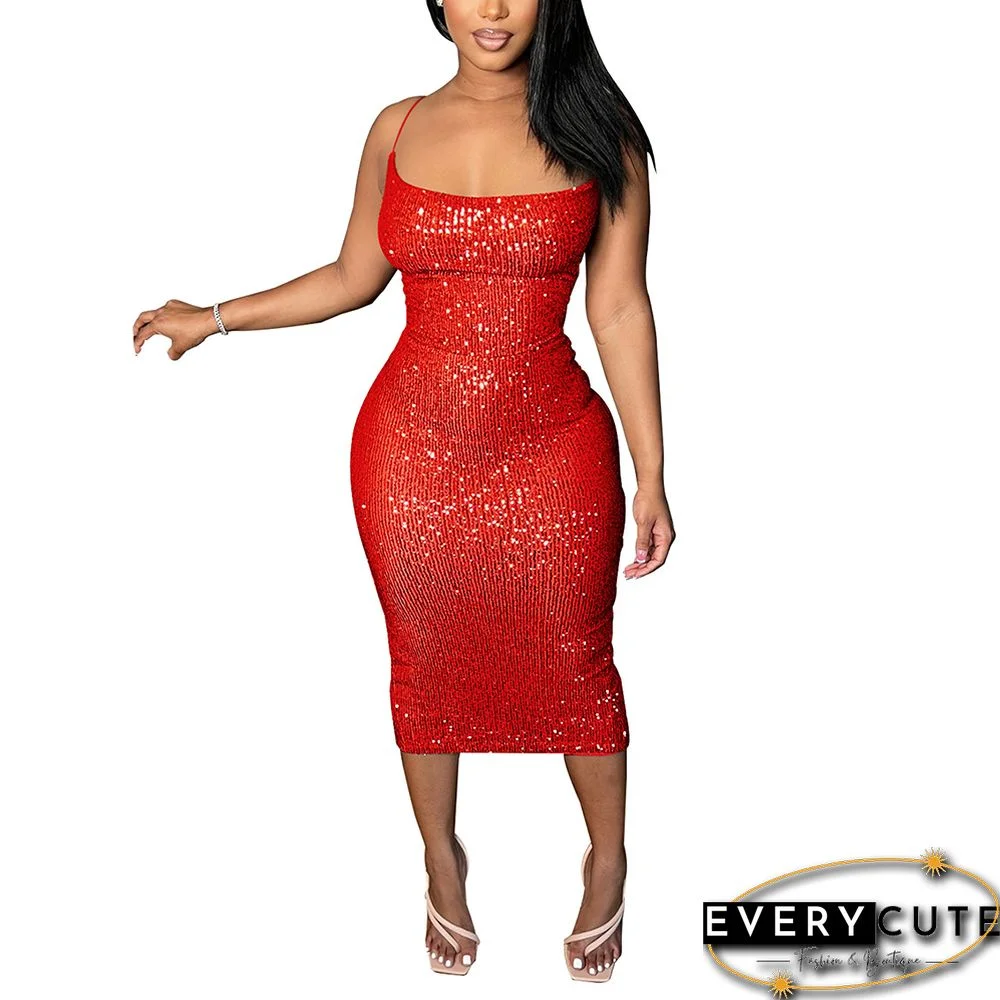 Red Lace-up Back Clubwear Sexy Sequin Dress