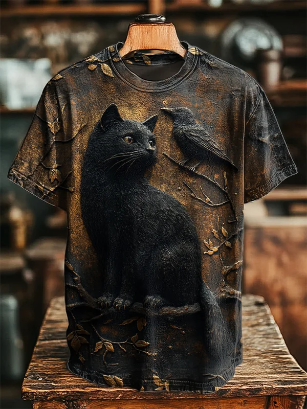 Men's Black Cat And Raven Art Print T-Shirt