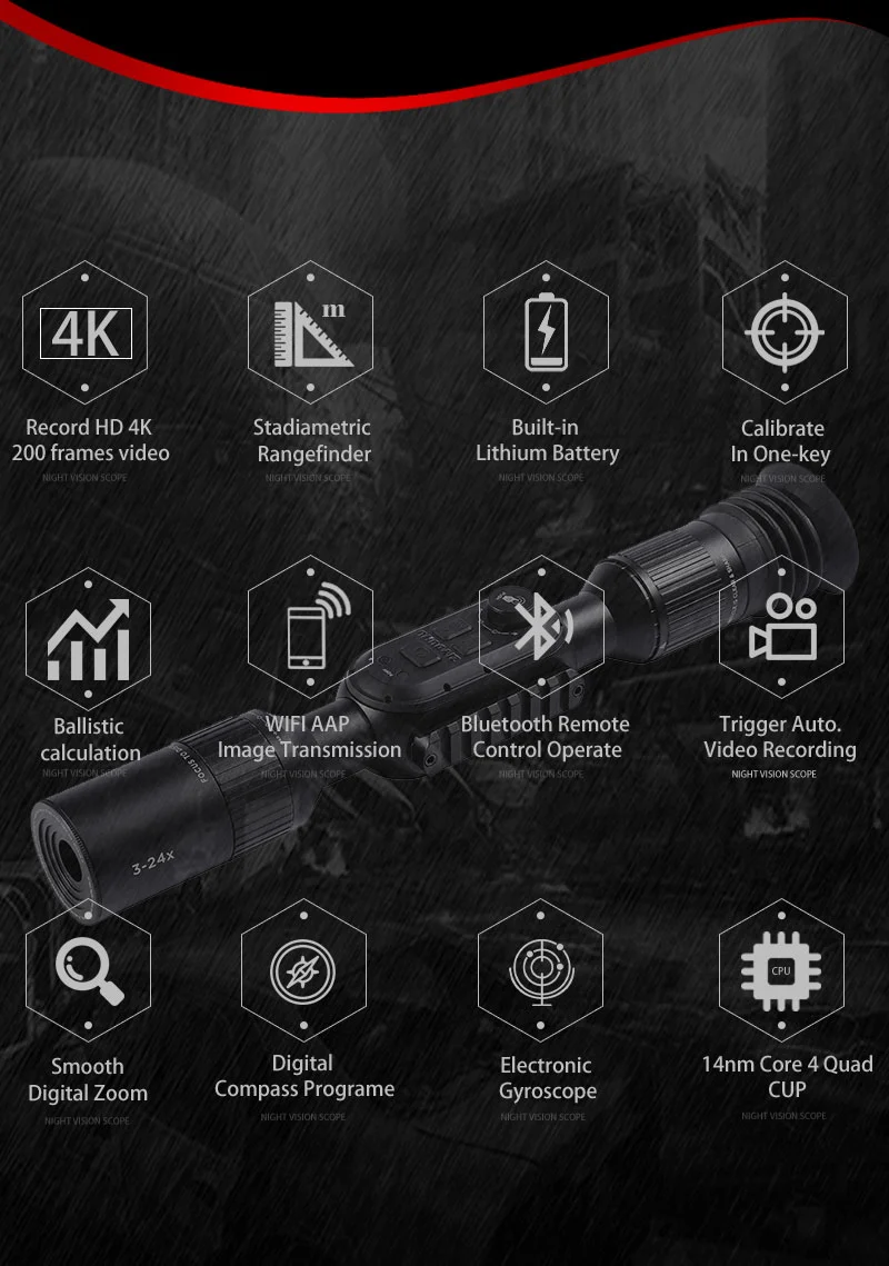 4K Digital Night Vision Scope HD Sony Sensor 4 Cores 3-24X Tactical Sight Hunting Smart Night Vision Weapon Riflescope