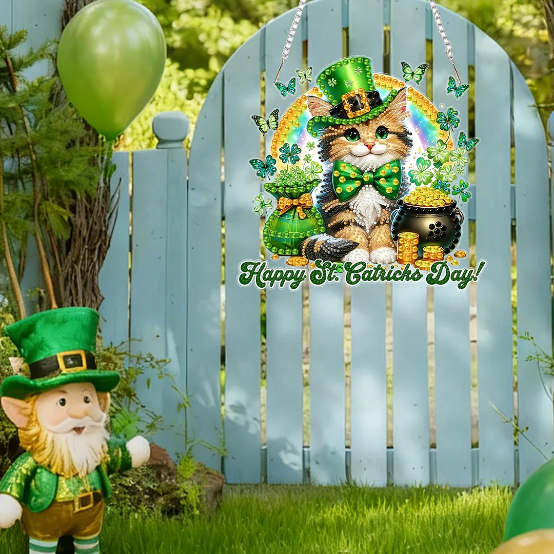 St Patricks Day Cat DIY 2D Flat Acrylic Diamond Painting Kits 5D Diamond Art Painting Window Pendants for Home Garden Wall Decoration