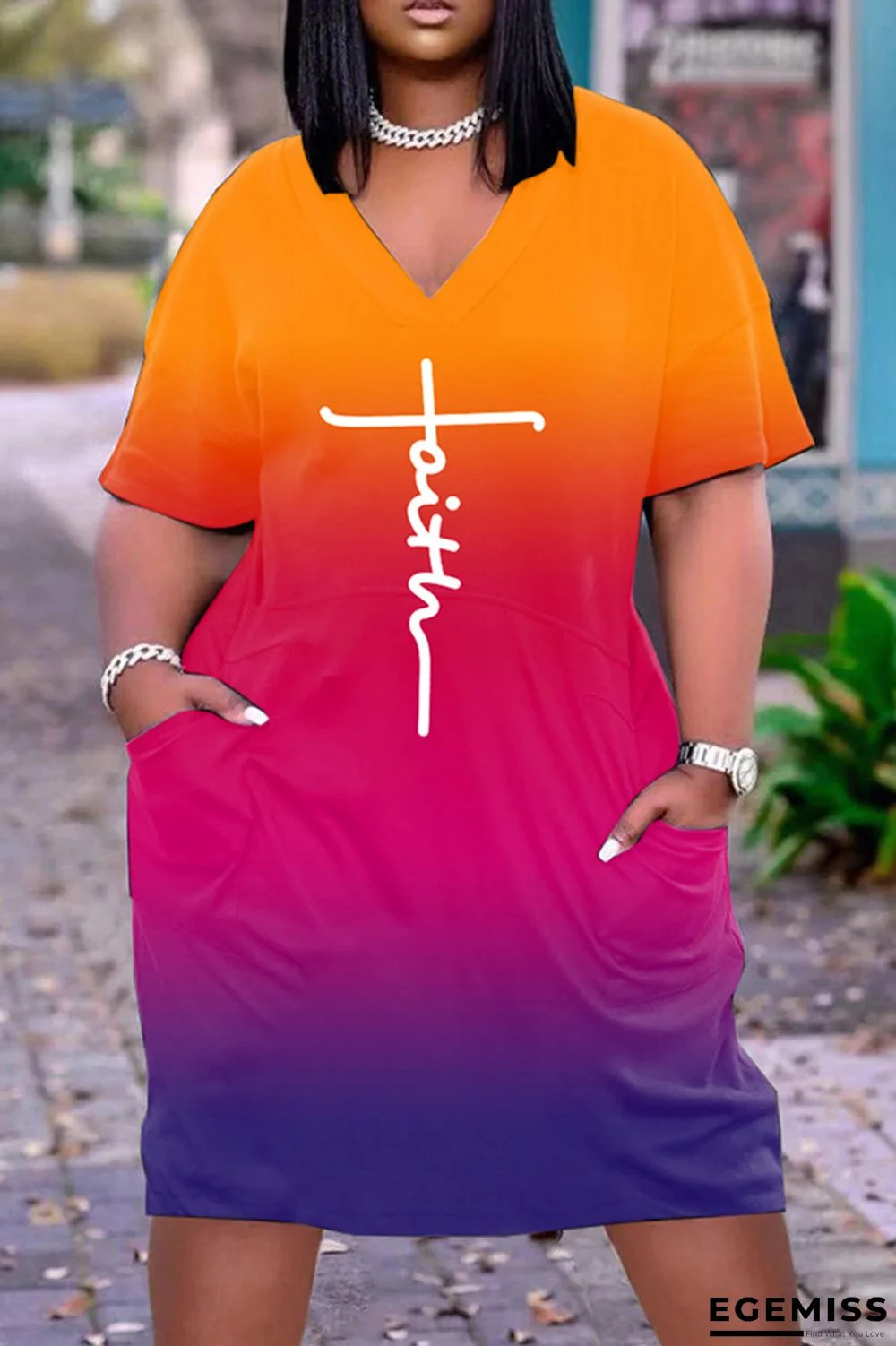 Orange Fashion Casual Print Patchwork V Neck Short Sleeve Dress | EGEMISS
