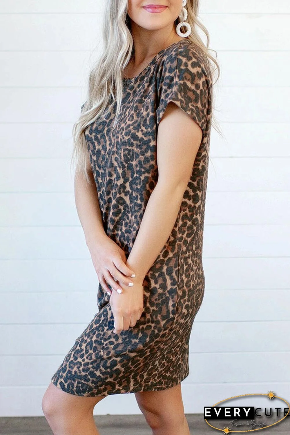 Leopard Short Sleeve Backless Pocketed Mini Dress