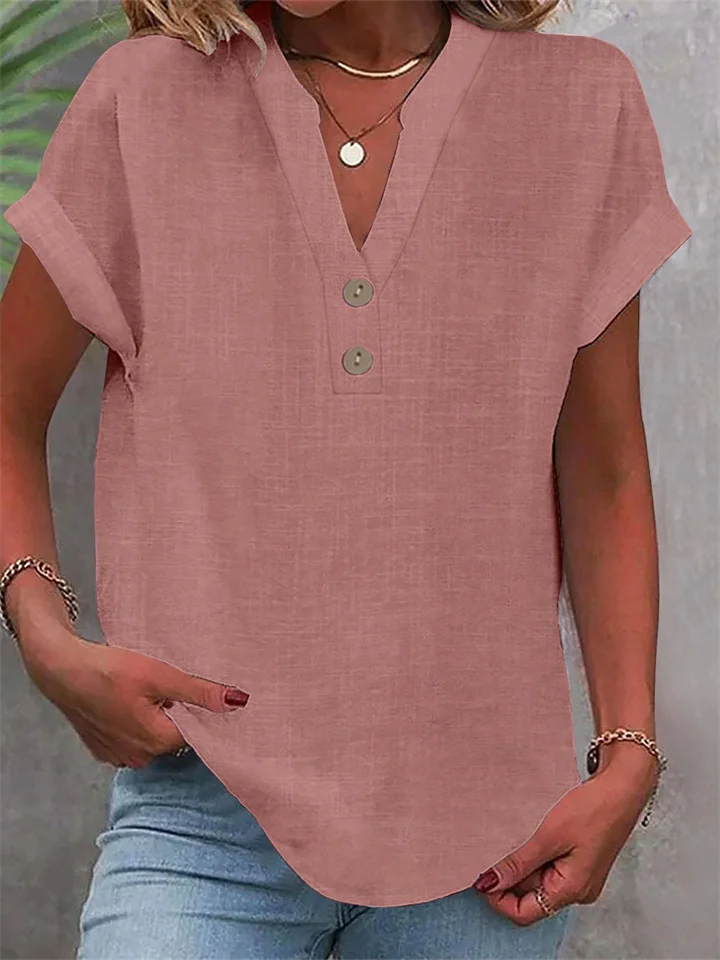 Summer Solid-Color Stand-Up Collar Button-Down Short-Sleeve Women's Shirt-JRSEE
