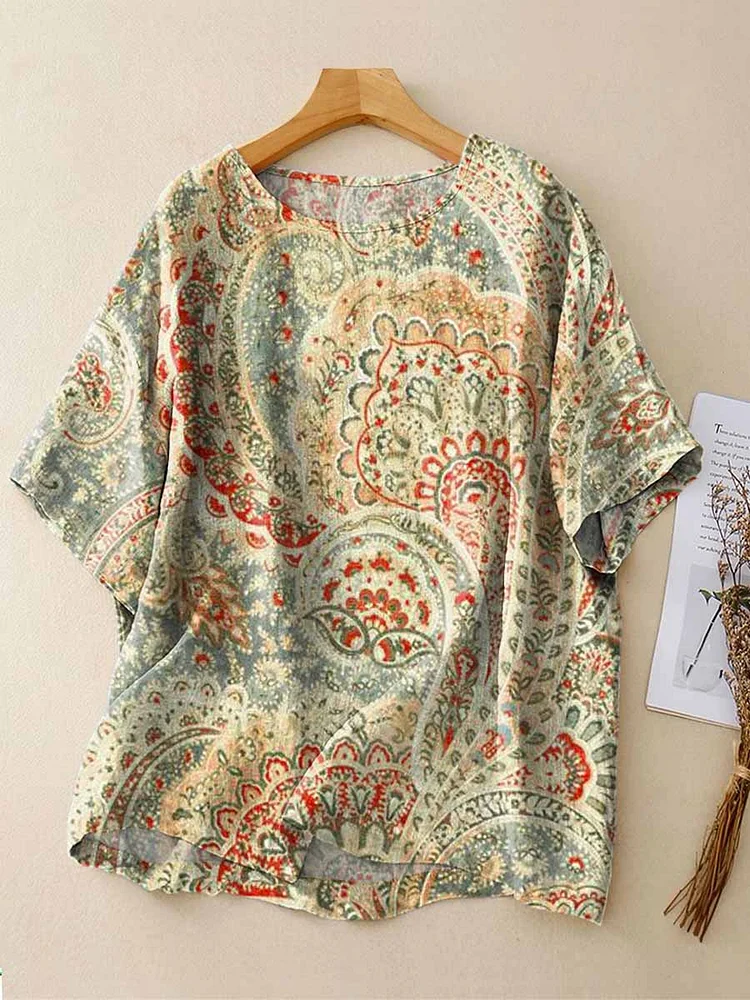 Women's Floral Pattern Art Print Casual Linen Crew Neck Shirt