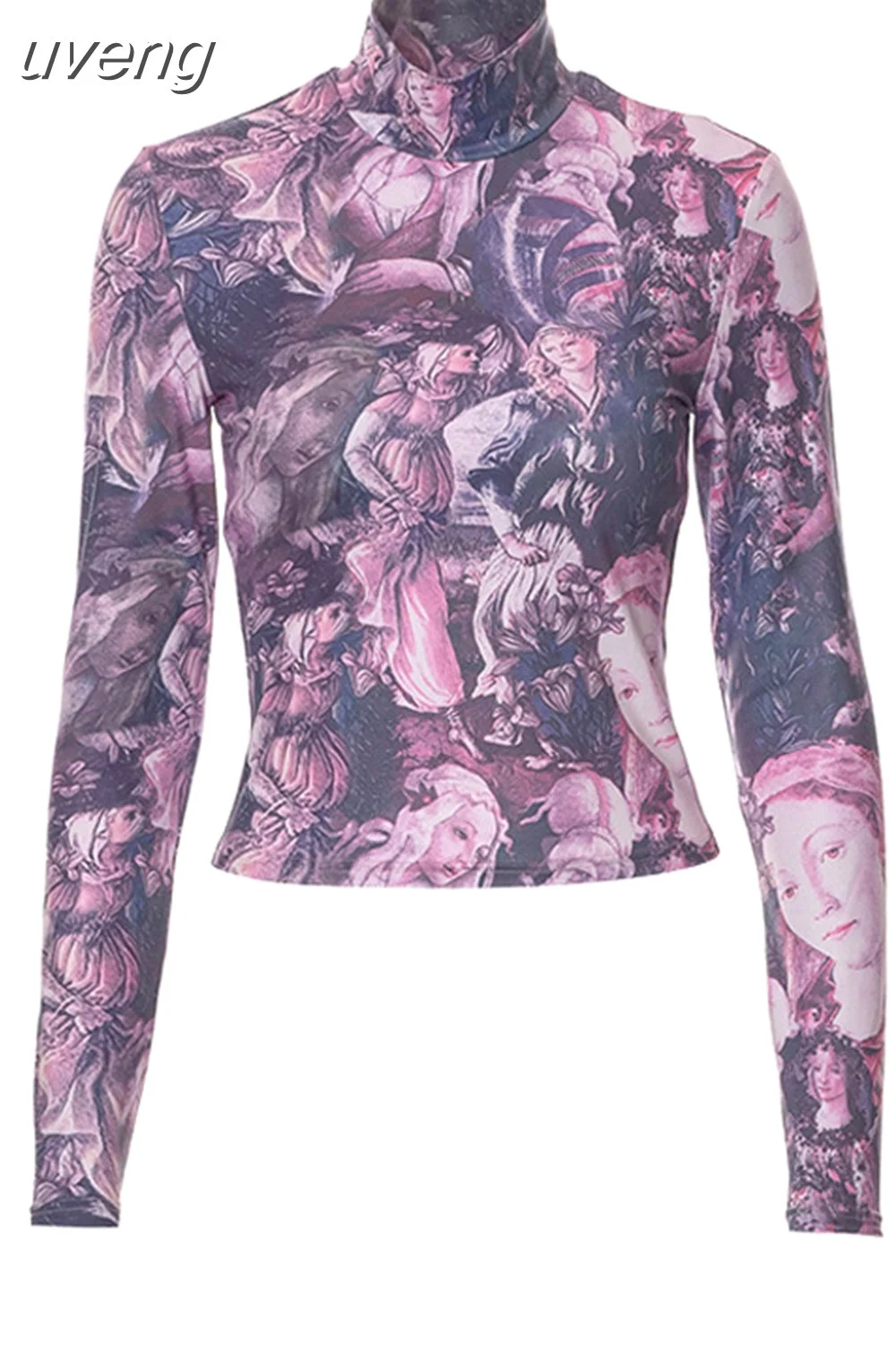 uveng Renaissance Vintage Print Purple Graphic T Shirts Turtleneck Long Sleeve Top Fall Winter Women Clothing P85-BZ16