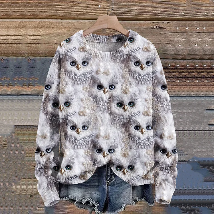VChics Christmas Gift Owl Art Print Knit Pullover Sweater