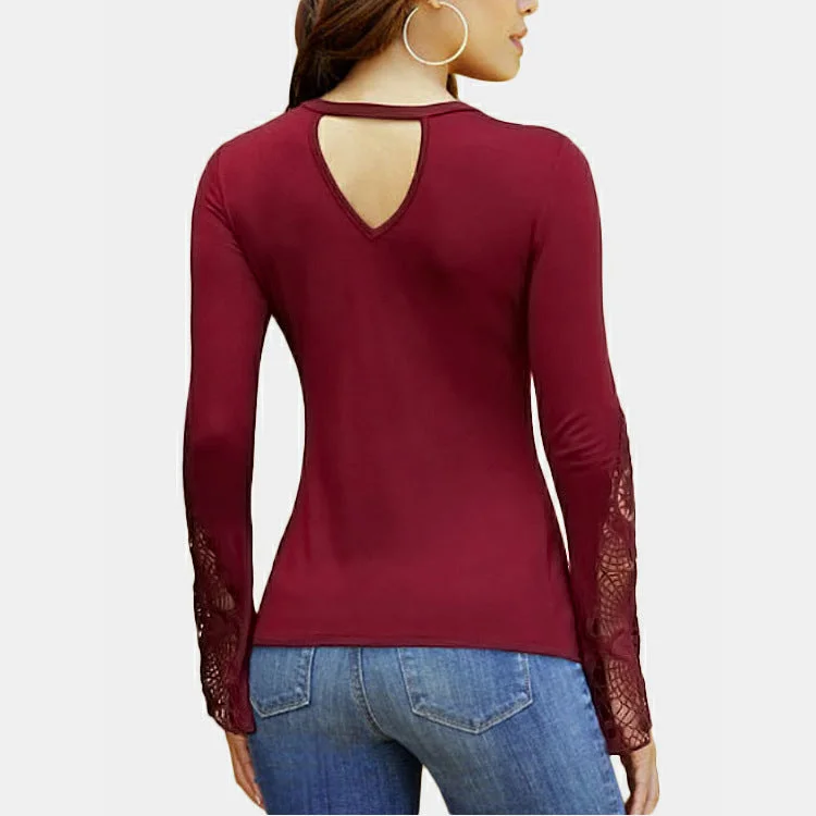 Women's V Neck Long Sleeve Lace Sleeve T-Shirt