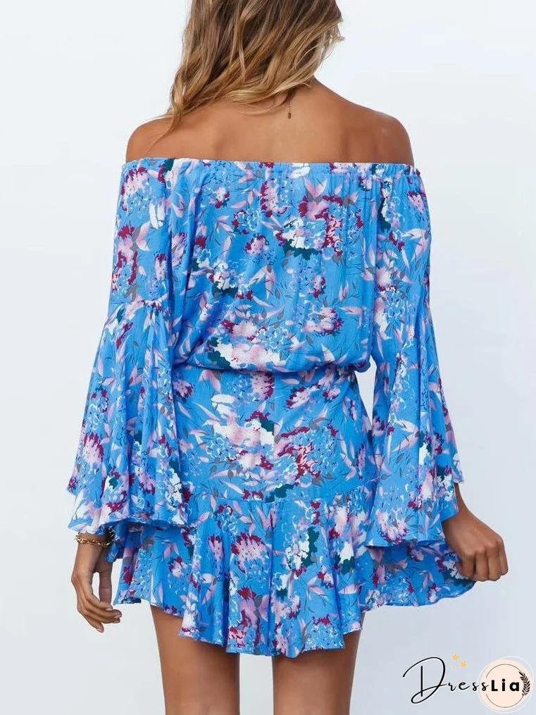 Off-shoulder Lace-up Flared Sleeve Print Casual Mini Dress