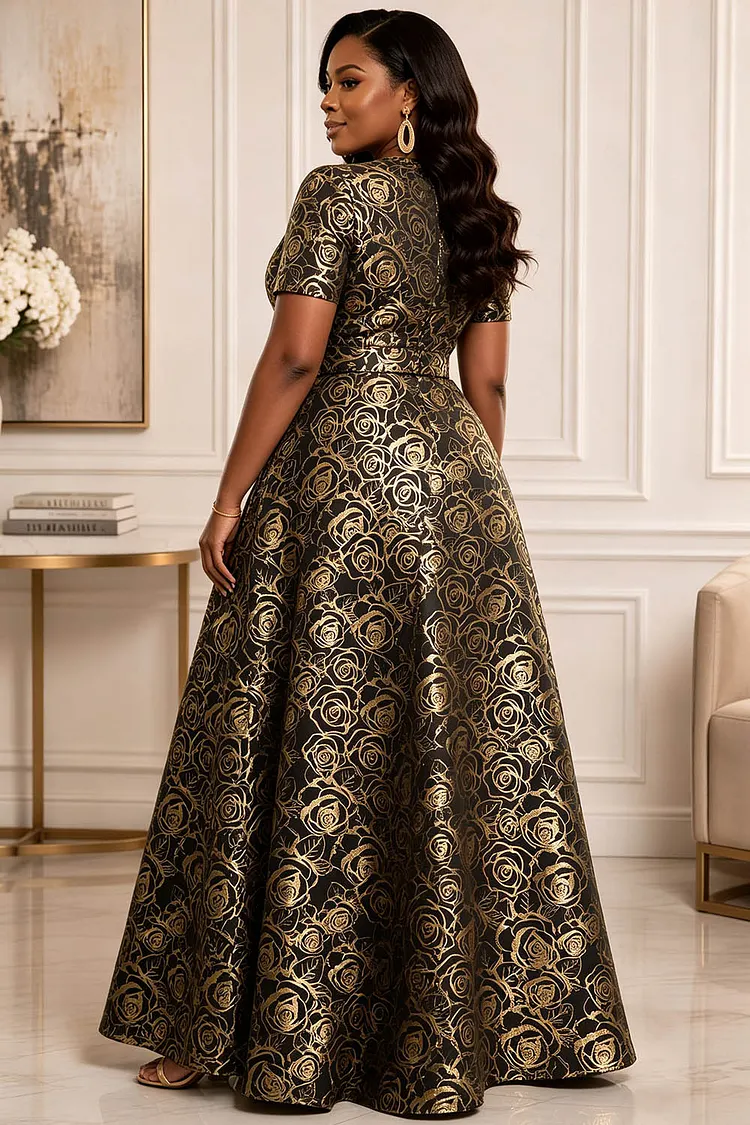 Xpluswear Design Plus Size Formal Gold Short Sleeve Pocket Split Satin Maxi Dresses Gold-2XL/18-20