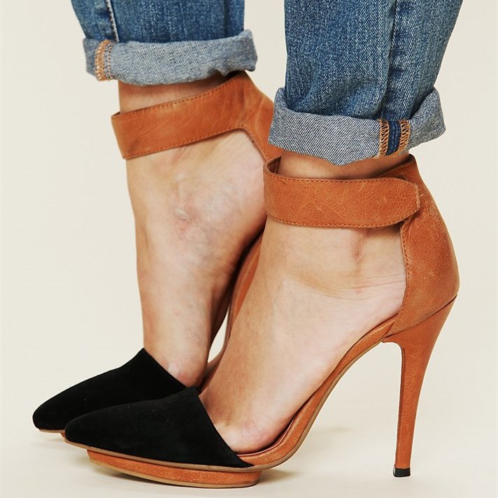 Black and Tan Almond Toe Ankle Strap Stiletto Heels with Platform