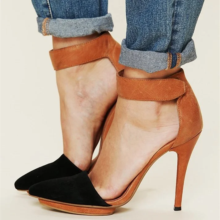 Black and Tan Closed Toe Sandals Ankle Strap Platform Stiletto Heels |FSJ Shoes