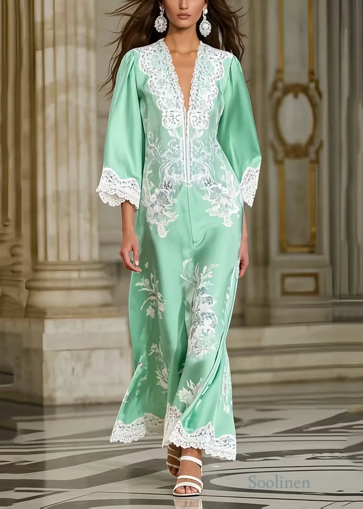 Fine Lake Green Print Lace Patchwork Silk Party Dress Spring