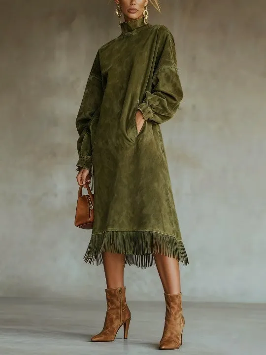 Suede Turtleneck Long Dress With Fringed Hem