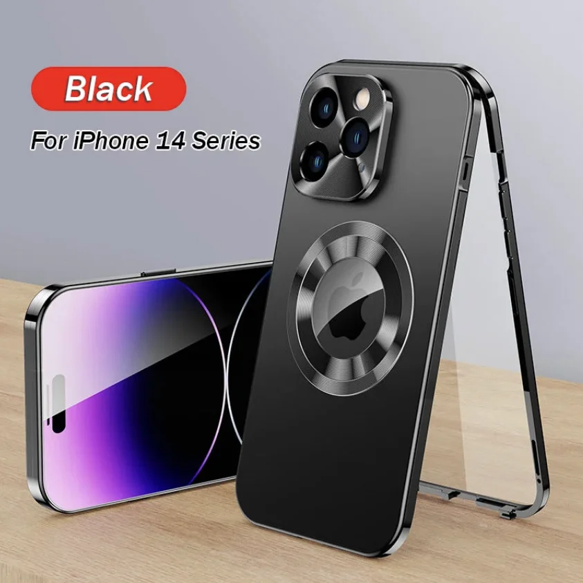For iPhone 14/15 Series Double-sided Electroplated Glass Magnetic Phone Case