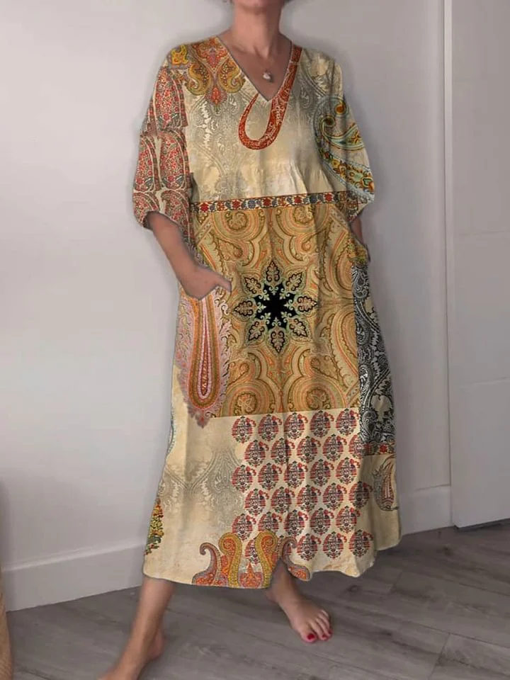 Women's Retro Patchwork Ethnic Pattern Print Pocket V-neck Cotton Dress