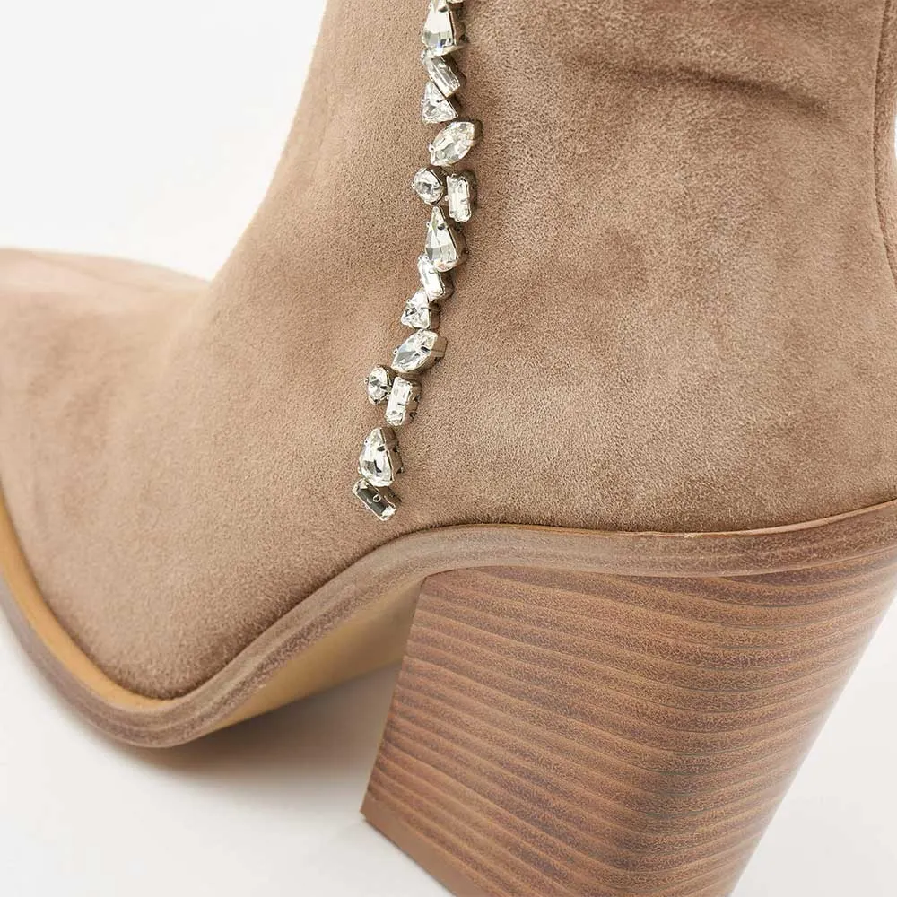 Vegan Suede Pointed Toe Rhinestone Western Boots for Women in Brown