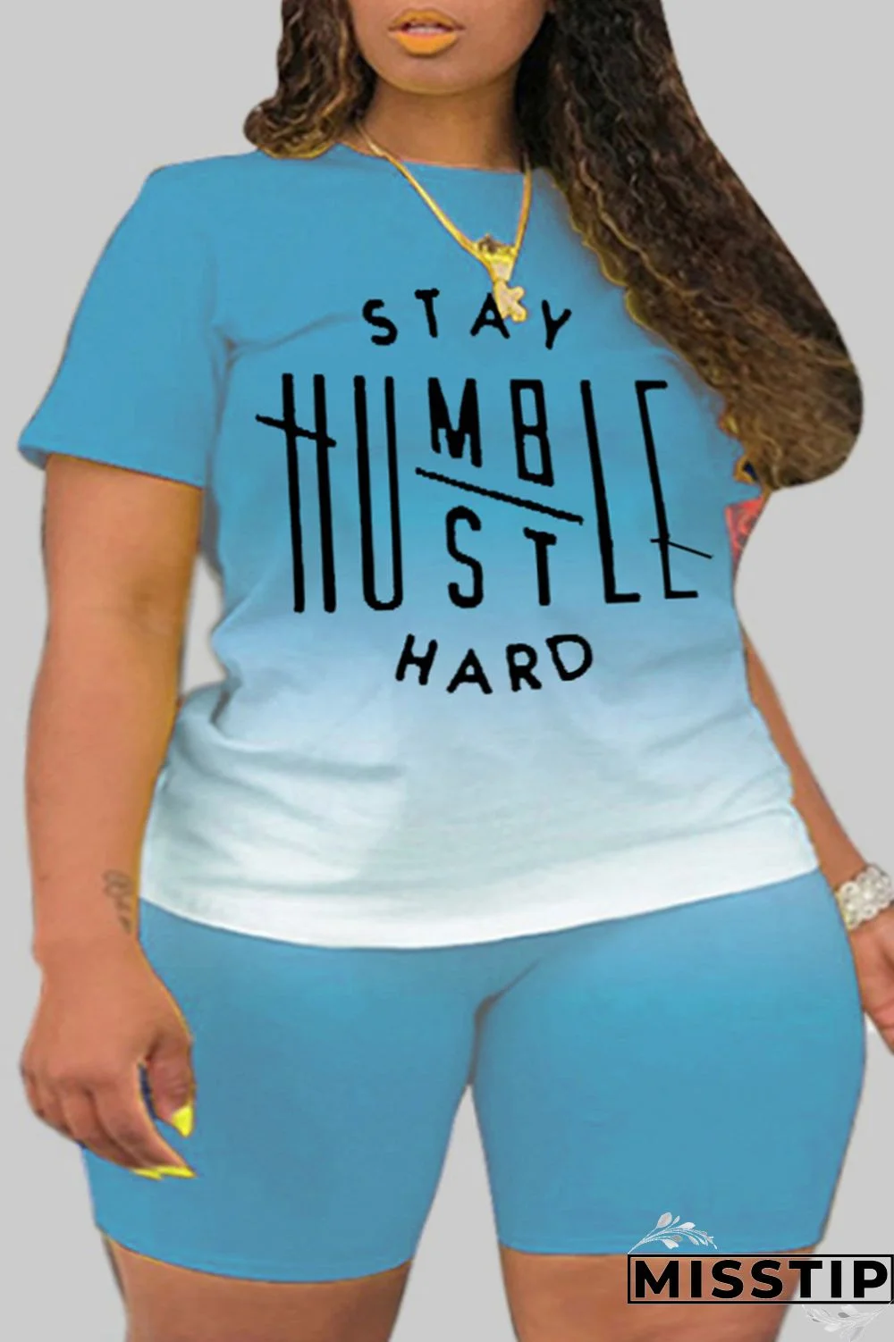 Royal Blue Fashion Casual Gradual Change Letter Print Basic O Neck Plus Size Two Pieces