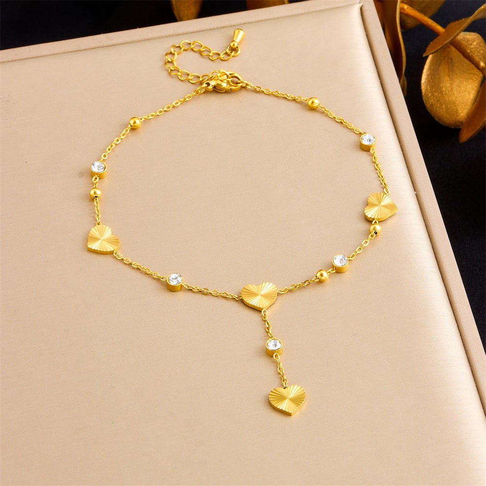 Fashionable And Simple Style Hanging Tassel Stainless Steel Diamond Heart Butterfly Flower Accessories Gold-Plated Anklet