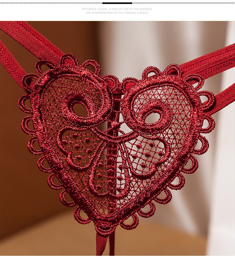 Vintage Love Heart Pearl Massuge Lace Thong Low Waist Transparent Sexy Underwear G-String Fashion Women Lingerie Panties Briefs