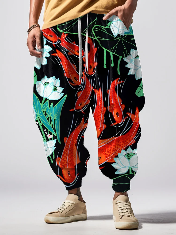 Men's Japanese Art Koi Fish Lotus Pond Print Loose Drawstring Waist Sweatpants