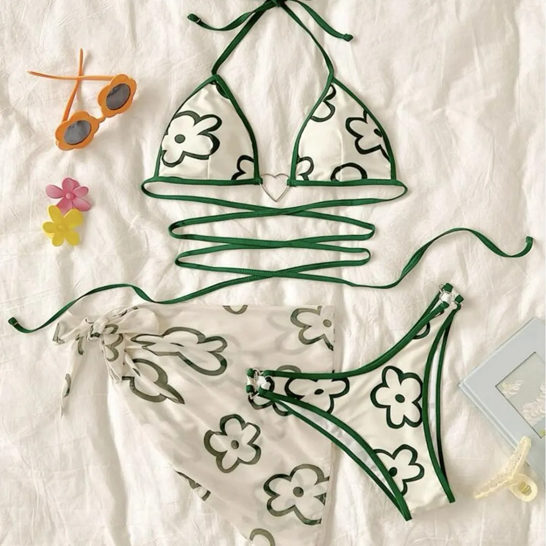 Uveng 2023 New Ins Wind Drawstring Tied With Love Three-Piece Swimsuit Bikini