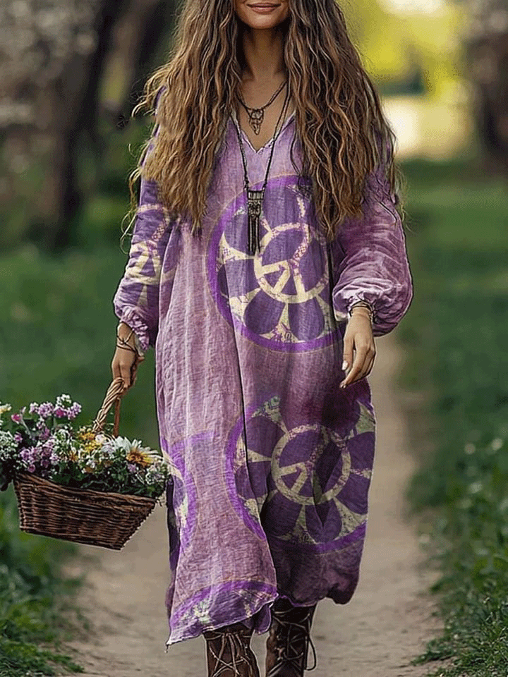 Women's Hippie Art Print Pocket Cotton V Neck Long Sleeve Dress
