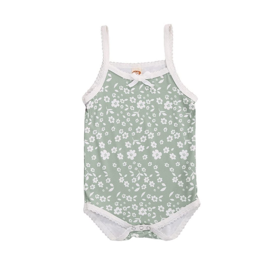 Infant Camisole Romper Floral Print Bow Decoration Bottom Buckle Summer Cool Lace Clothing