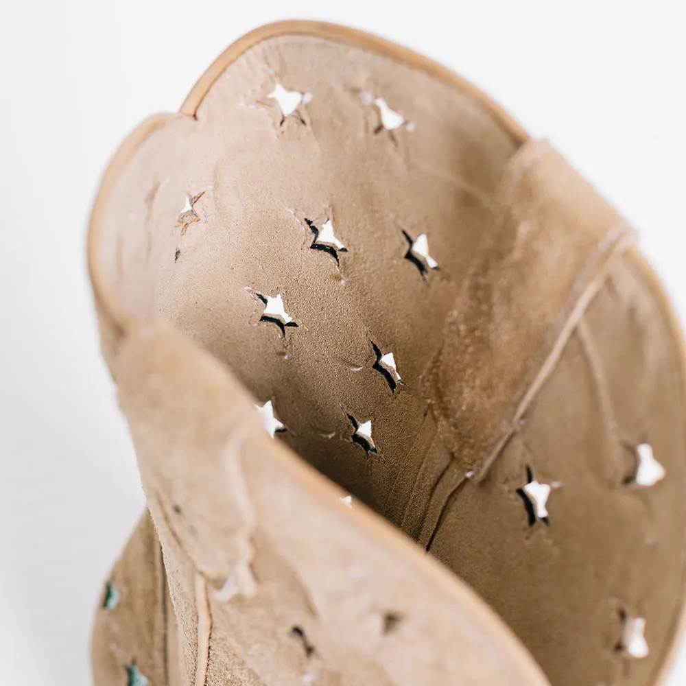 Nude Snip Toe Star Cut-Out Chunky Heel Wide Calf Cowgirl Boots