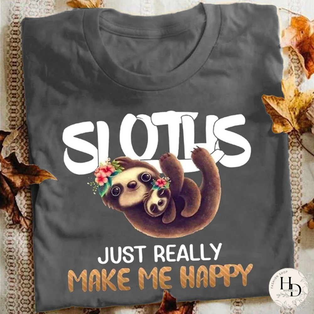 Summer Letter Print Funny T-Shirt Women Fashion Cute Sloth Printed Short Sleeved T-shirt Summer Lady Casual Graphic T Shirts Round Neck Pure Color Tee