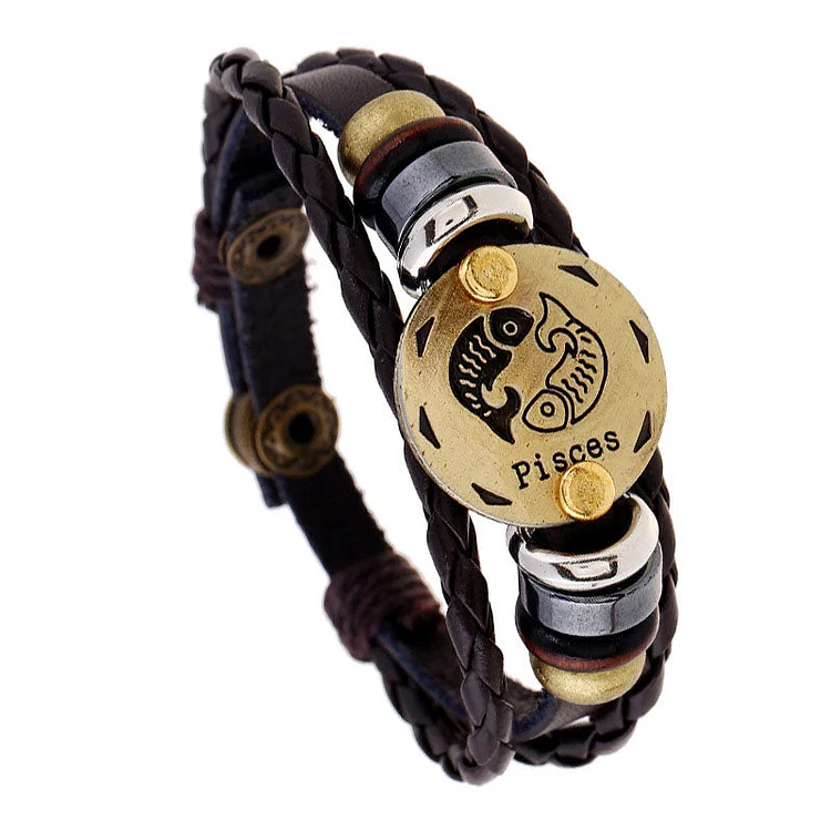 Pisces - Retro Zodiac Sign Leather Wrist Band Bracelet