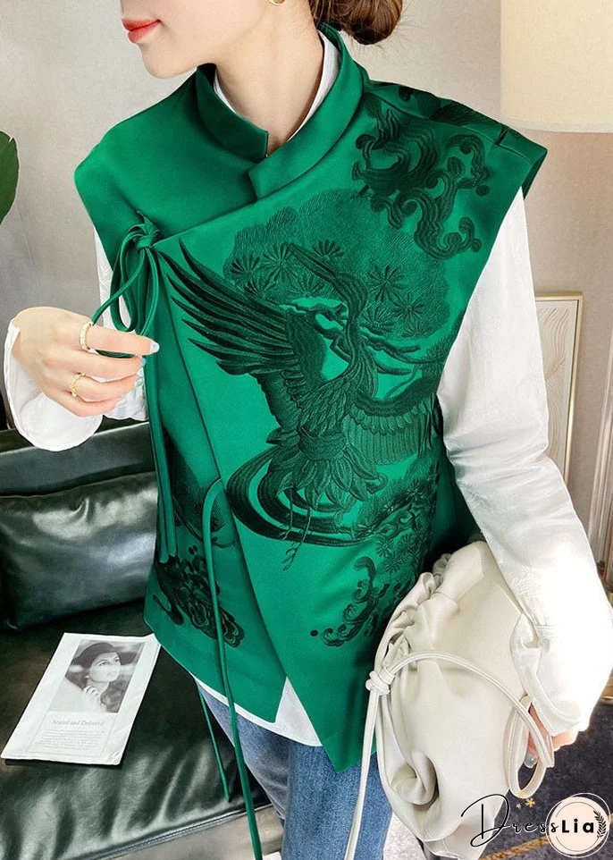 Plus size Green Stand Collar Embroideried Lacing Silk Vest Spring