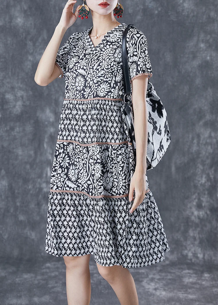 Modern Black V Neck Patchwork Print Cotton A Line Dress Summer