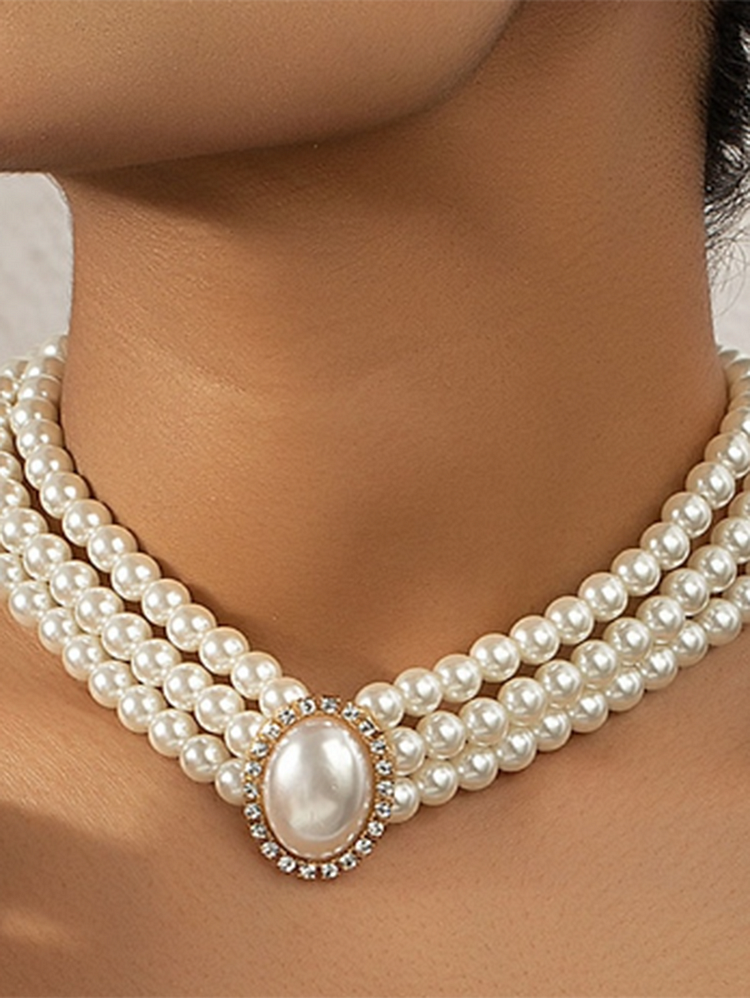 Elegant Chic Rhinestone Pearl Beaded Layered Choker Necklace