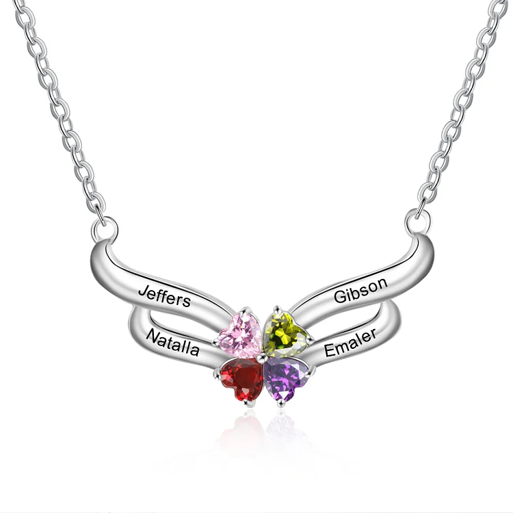 Personalized Wings Necklace Custom 4 Birthstones and Names Gifts for Her