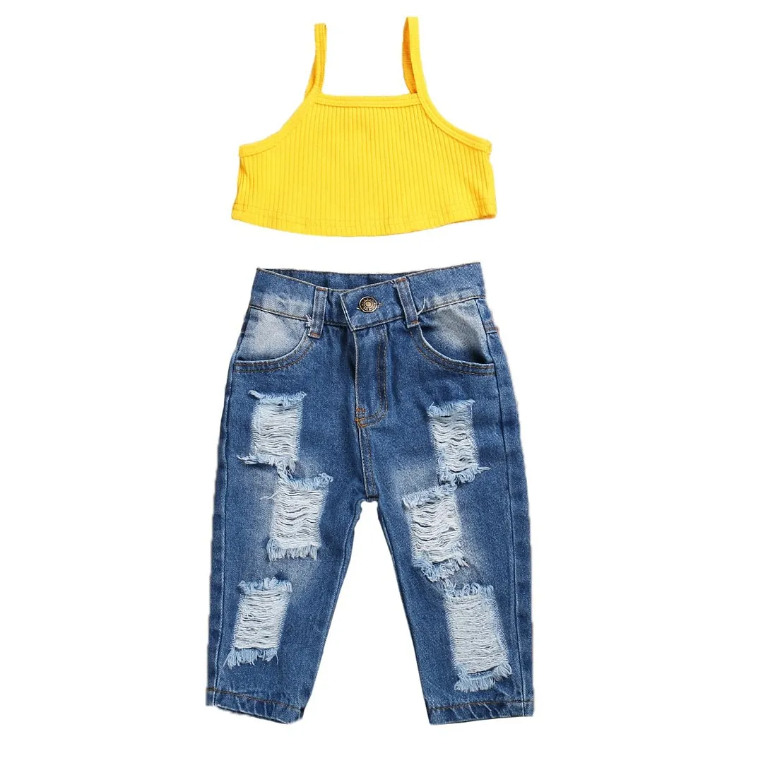 2020 Baby Summer Clothing Kids Baby Girls Fashion 2Pcs Outfit Set Sleeveless Solid Ribbed Crops Top and Ripped Jeans Pants Set