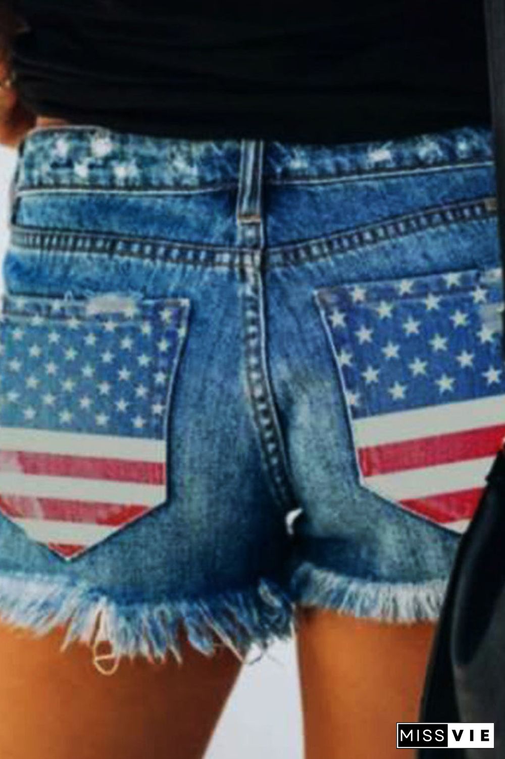 Denim Printed Hole Distressed Button Shorts