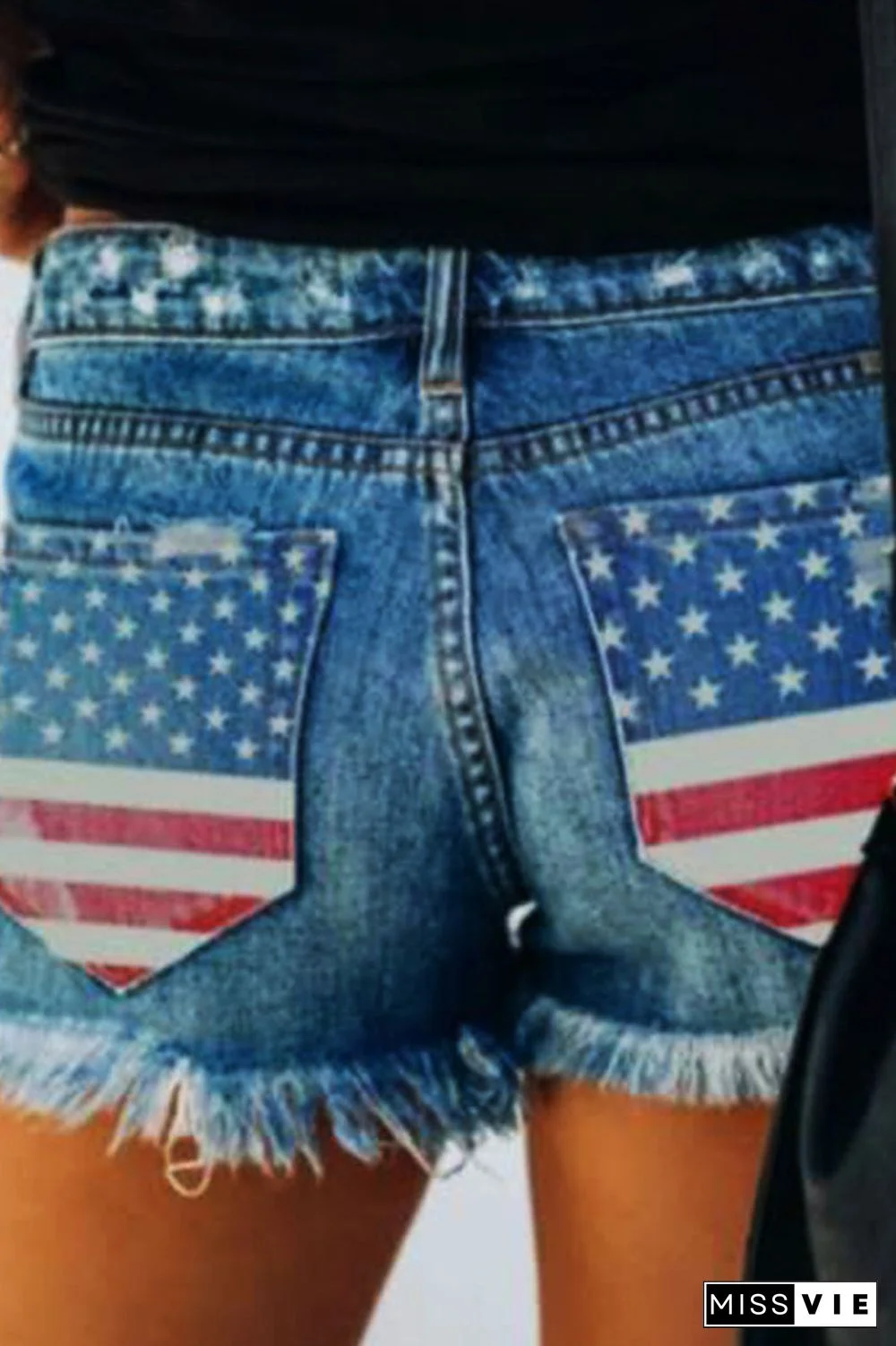 Denim Printed Hole Distressed Button Shorts