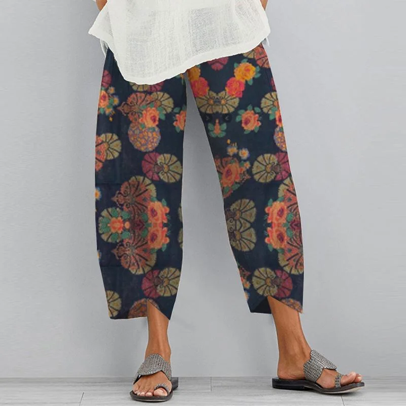 ZANZEA Vintage Floral Printed Pants Summer Women Cotton Linen Trousers Harem Pants Elastic Waist Loose Pantalon Pant