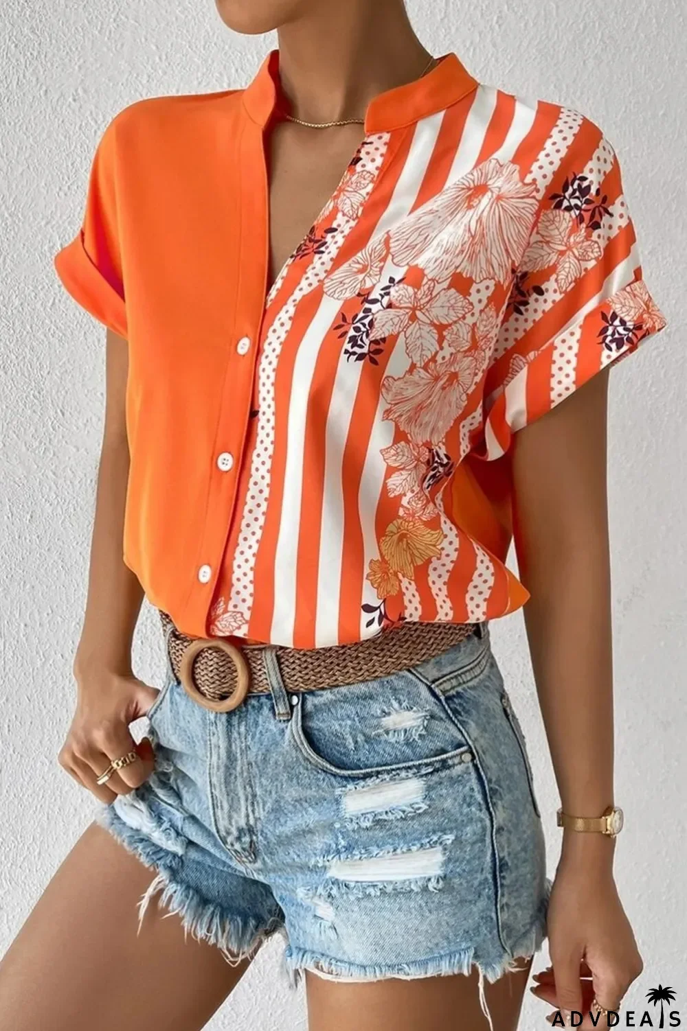 Green Casual Print Patchwork V Neck Tops