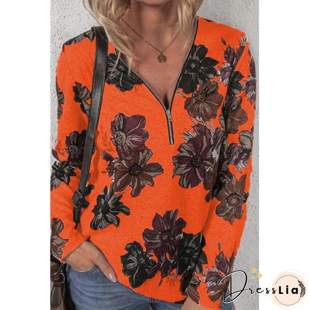 Zipper Flower Printed Long Sleeve Shirt