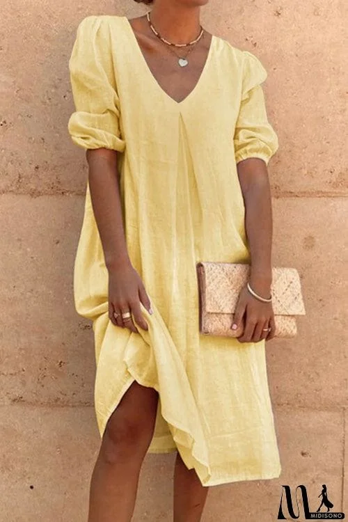 MidiSono - Casual Solid Loose V Neck Three-quarter Sleeve Dress
