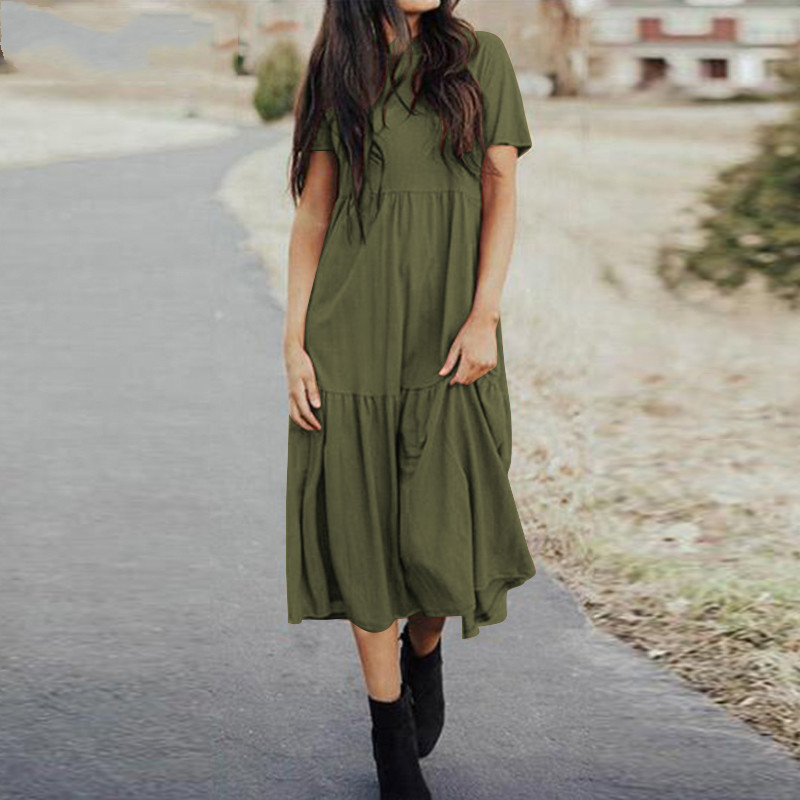 Mature Women Cotton And Linen Round Neck Loose Big Swing Long Dress