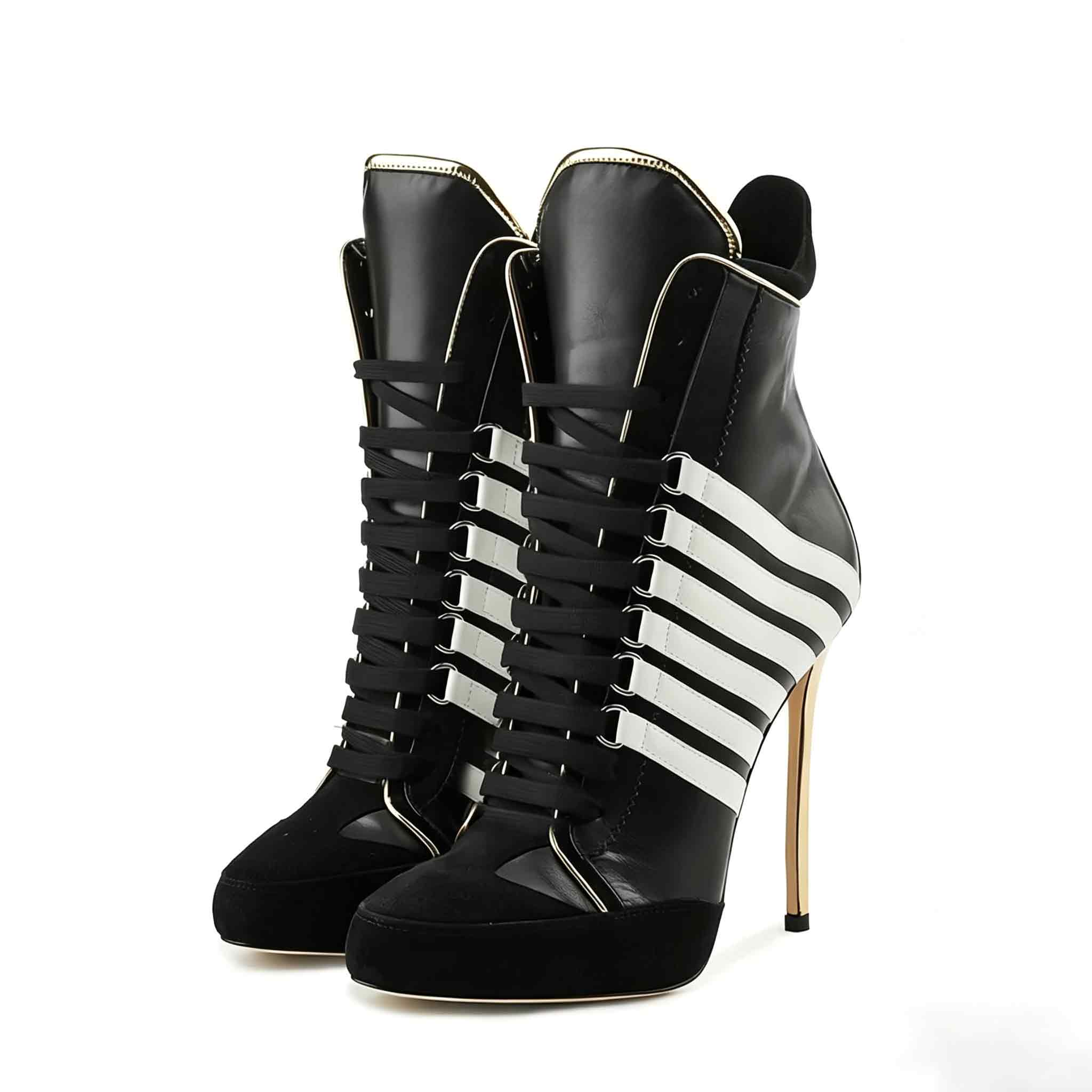 Round Toe Sneaker Stiletto Ankle Boots Women Novelty Strip Print White Boots Spring Cross Tied Patchwork Breathable Heels Shoes  highheelher