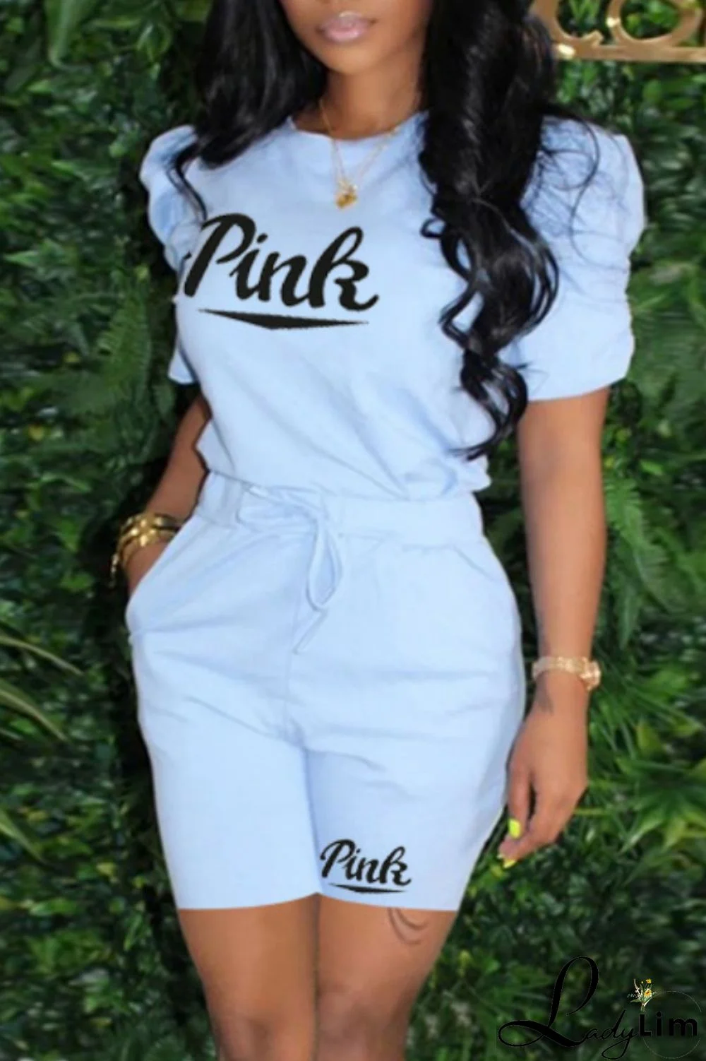 Grey Casual Letter Print Basic O Neck Short Sleeve Two Pieces