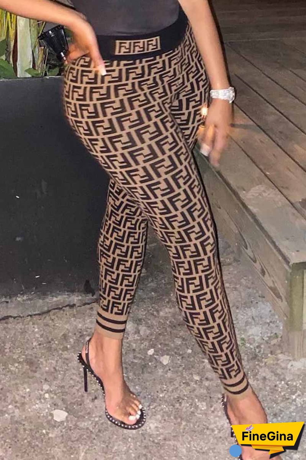 Dark Brown Street Letter Patchwork High Waist Pencil Bottoms A Set