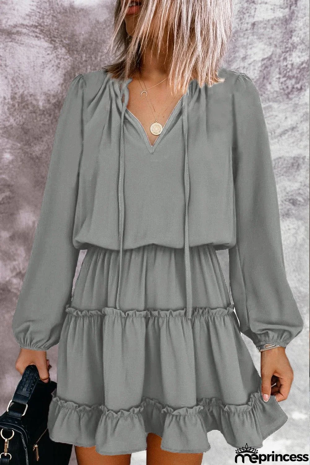 V Neck Long Sleeve Ruffle Tiered Mini Dress