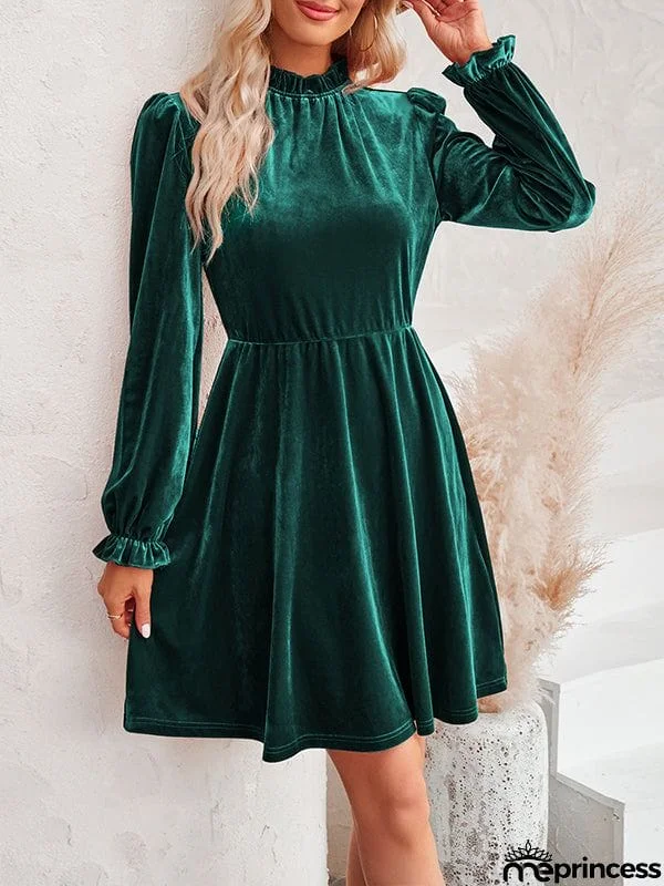 A-Line High Waisted Hollow Ruffled Solid Color Velvet Mock Neck Mini Dresses