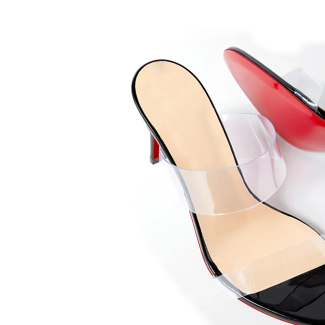 85mm Women's Sandals Round Toe Mules Transparent Heels Slip on Red Bottom Stilettos-vocosishoes